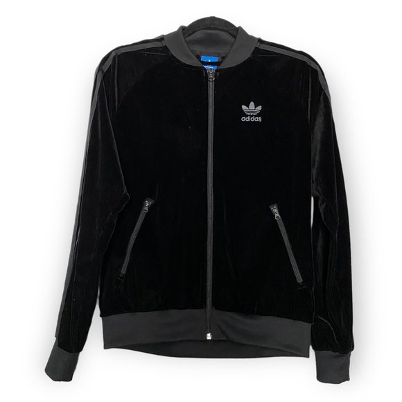 Adidas Velour Three Stripe Track Jacket Black Size Small